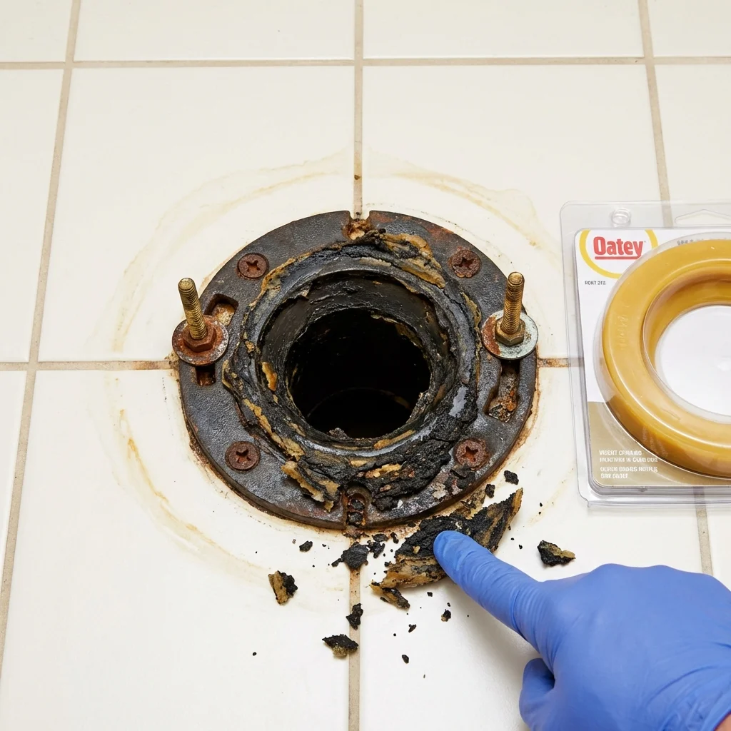 Failed wax ring showing water seepage at the base of a toilet in a Lawrence, MA home