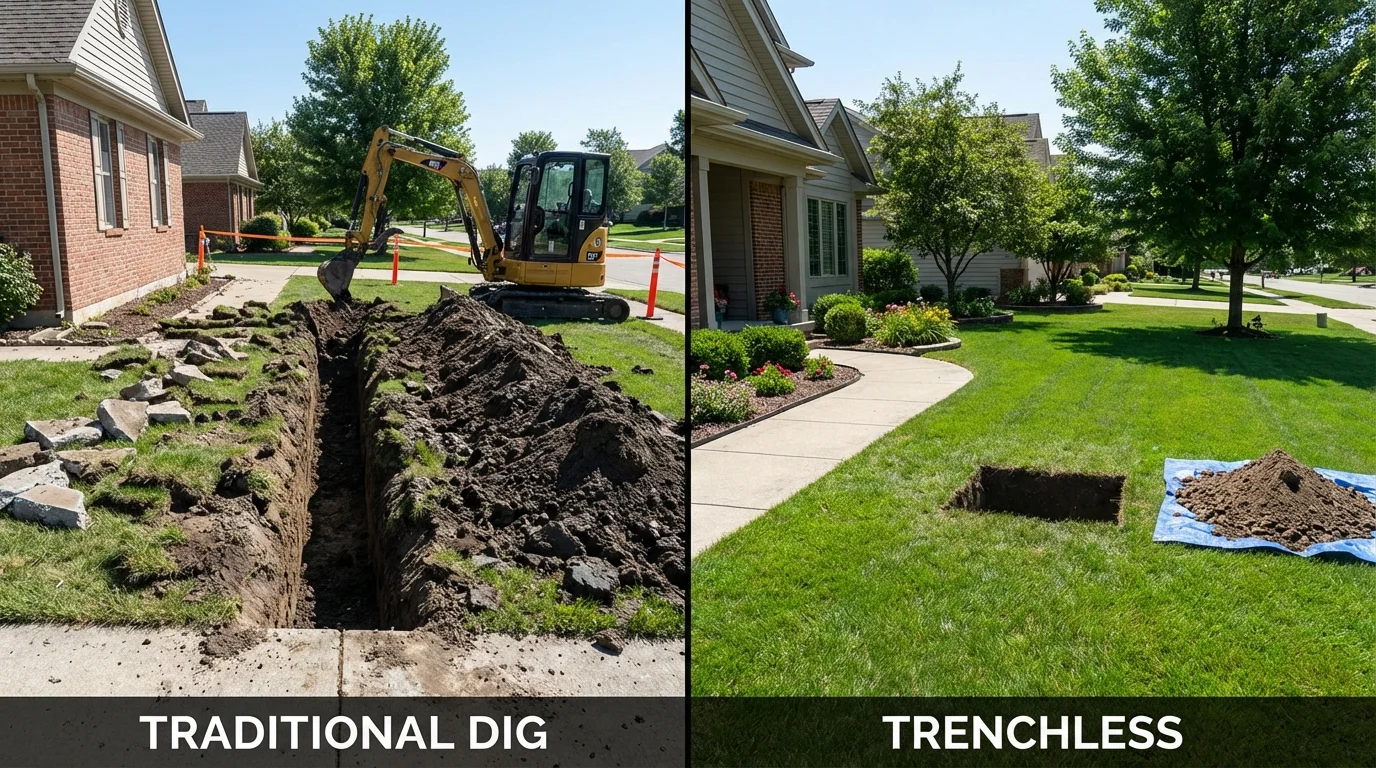 Trenchless sewer repair with minimal yard damage versus traditional excavation in Lawrence, MA